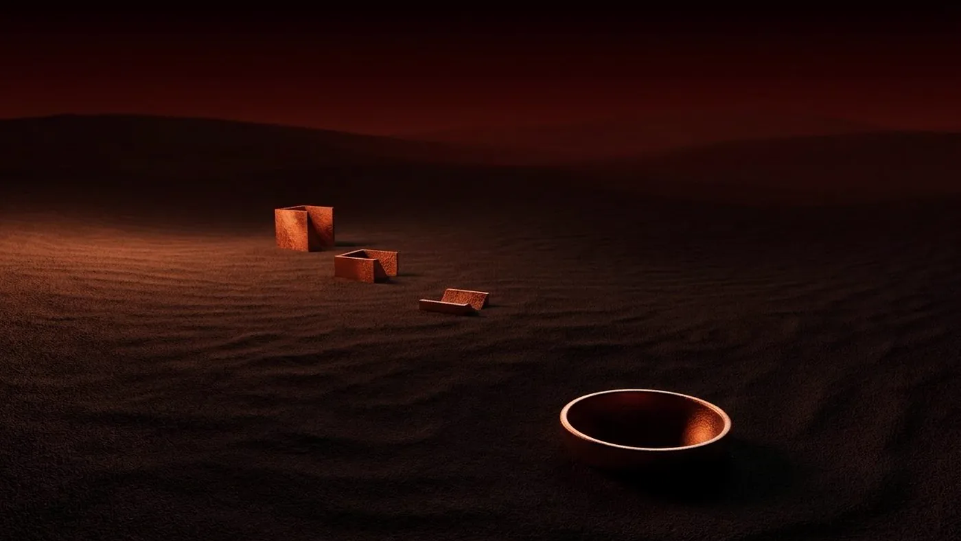 Three small folded forms trailing away toward an empty bowl in the sand