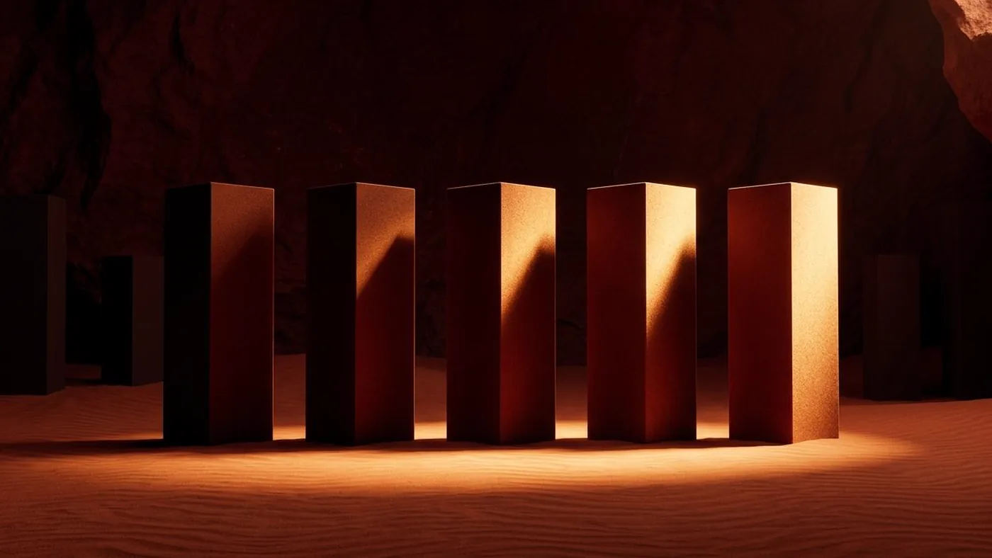 Five upright slabs lit progressively brighter from left to right