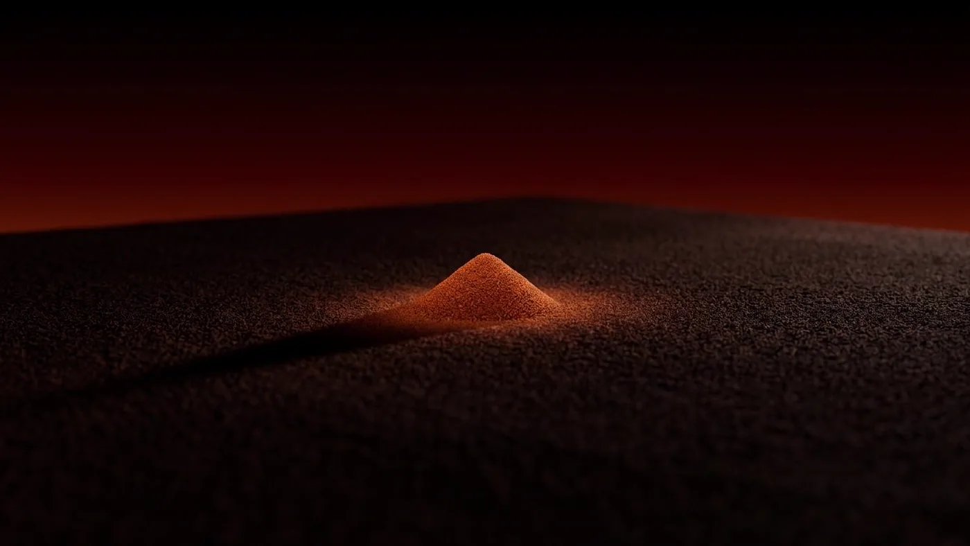 A small lit cone of sand alone on a wide dark plain