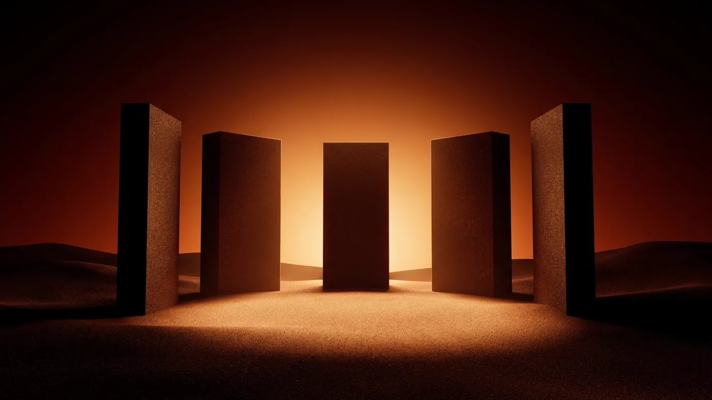 Five upright monoliths standing in a shallow arc on sand, lit from behind