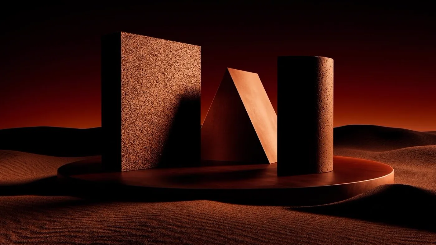 Three different forms, a slab, a wedge and a cylinder, standing together on a low disc