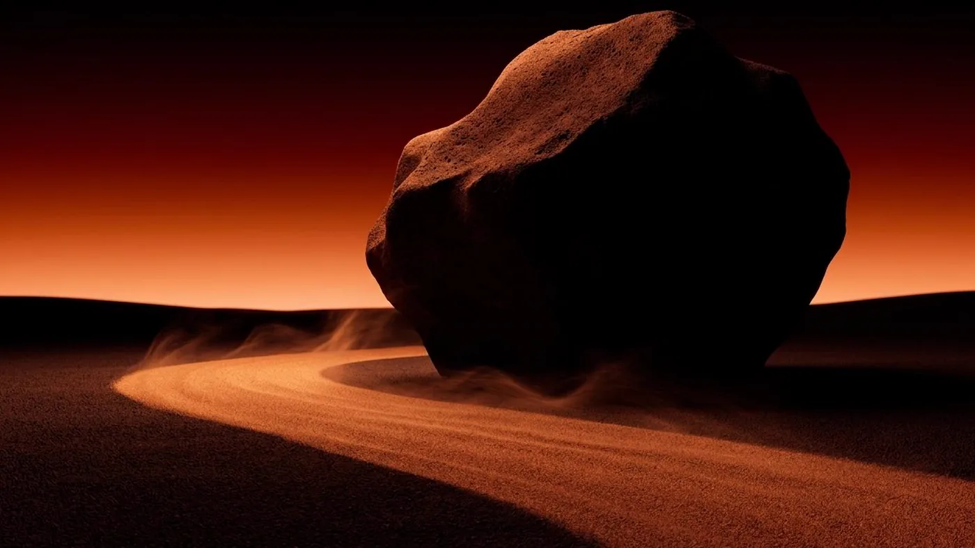 A large boulder resting on a dune with a curved trail of sand sweeping past it