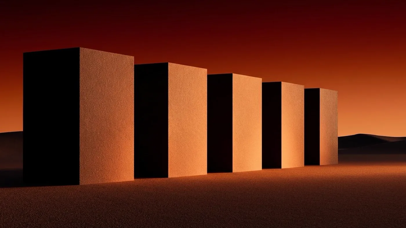 Five upright slabs receding in a row, each lit on the same face