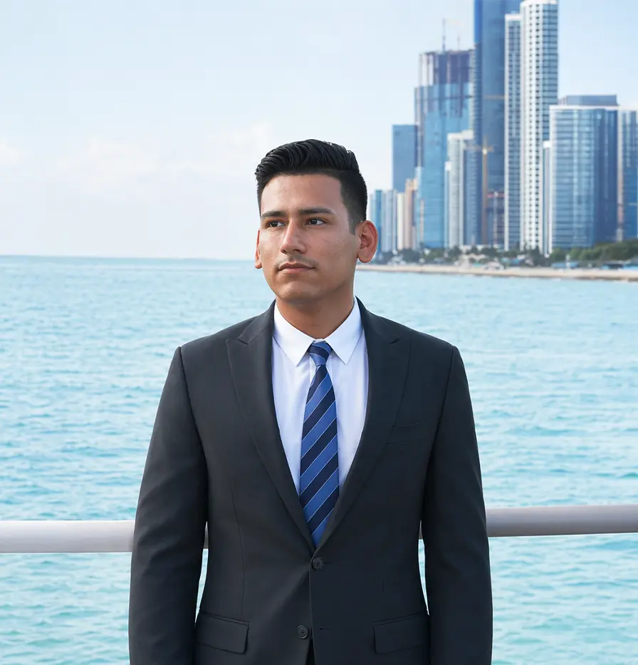 Edson in a suit by the water