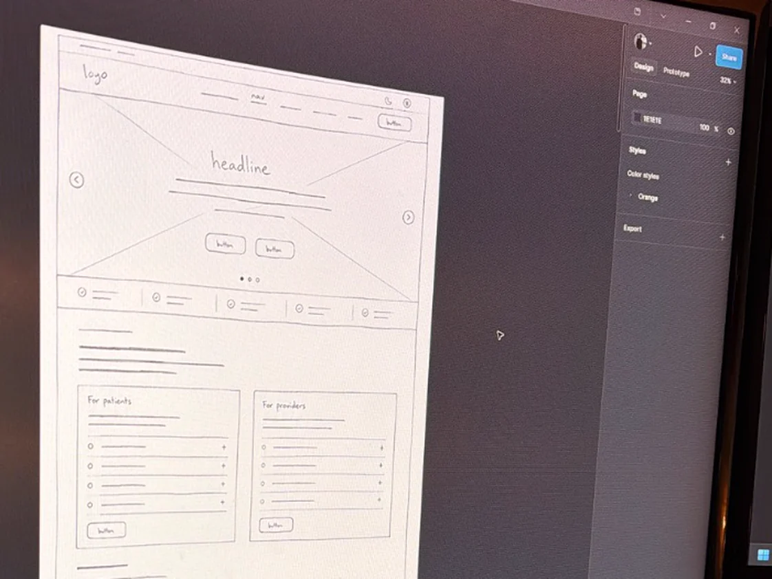 A hand-drawn homepage wireframe open in a design app, with sections sketched out for patients and for providers