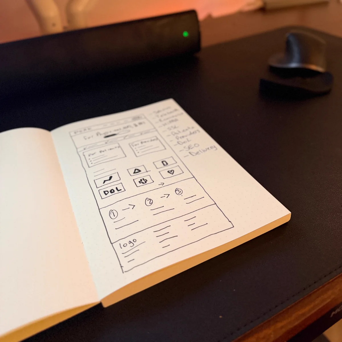 An open notebook on the desk with a hand-drawn page wireframe and a list of sections