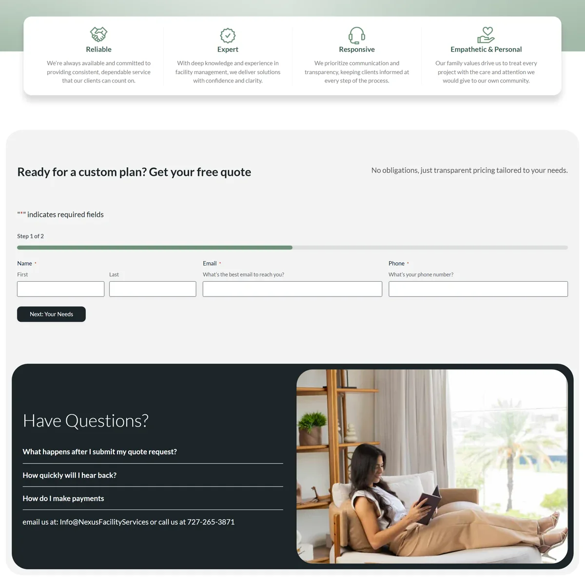 A slice of a facility services company's quote page showing its live intake flow: a four-card trust strip labeled Reliable, Expert, Responsive and Empathetic & Personal, then a multi-step quote form headed 