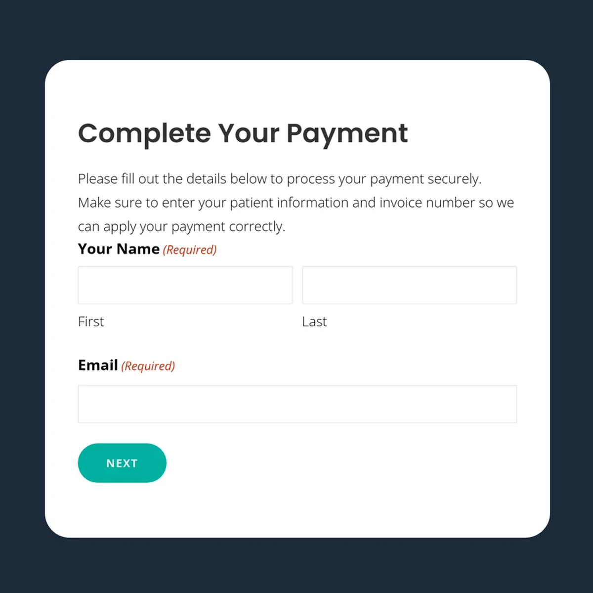 A secure online bill payment page shown on a dark navy background, with a white card headed 