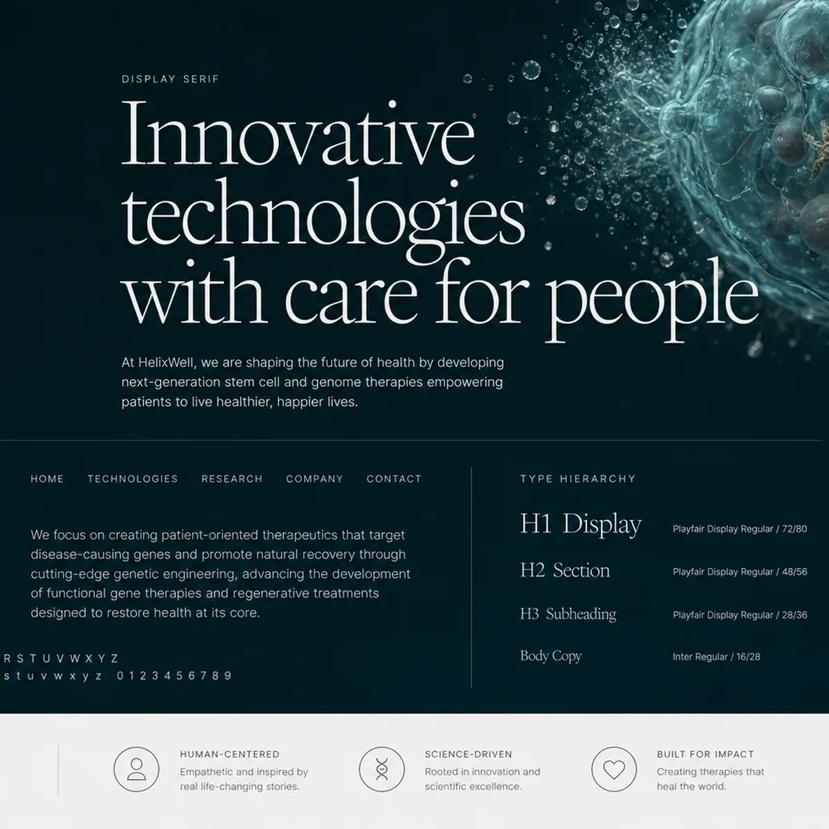 Typography page from a biotech website design system: a large display-serif headline reading 