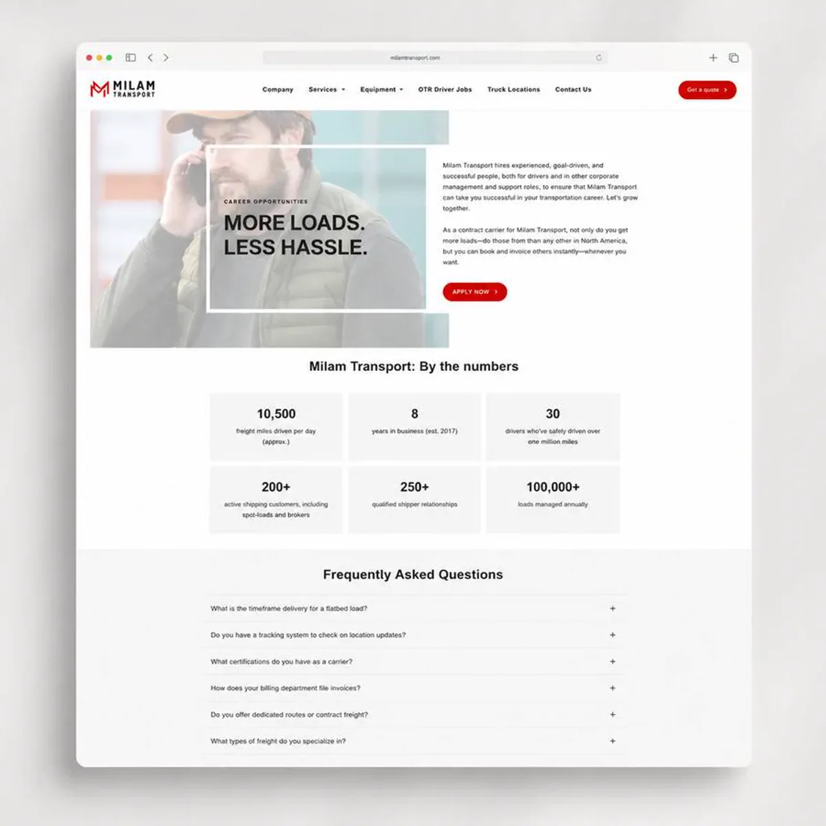 A desktop browser window showing a live freight company website: a careers banner over a photo of a man on the phone, a grid of six company figures, and a frequently asked questions list below.