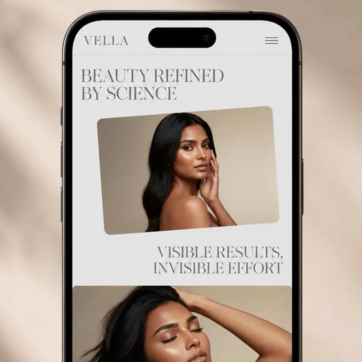 Close crop of a smartphone on a soft beige backdrop showing a skincare clinic's mobile homepage: a serif headline reading 