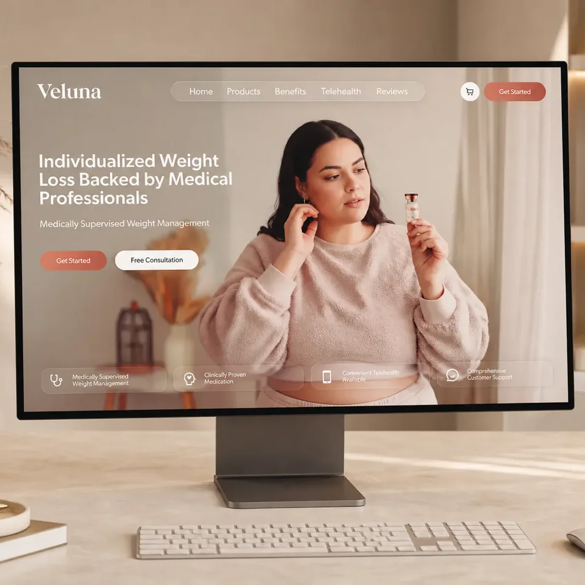 A studio monitor on a warm, sunlit desk showing the Veluna homepage, with its serif wordmark, coral buttons and a full-width hero photograph.