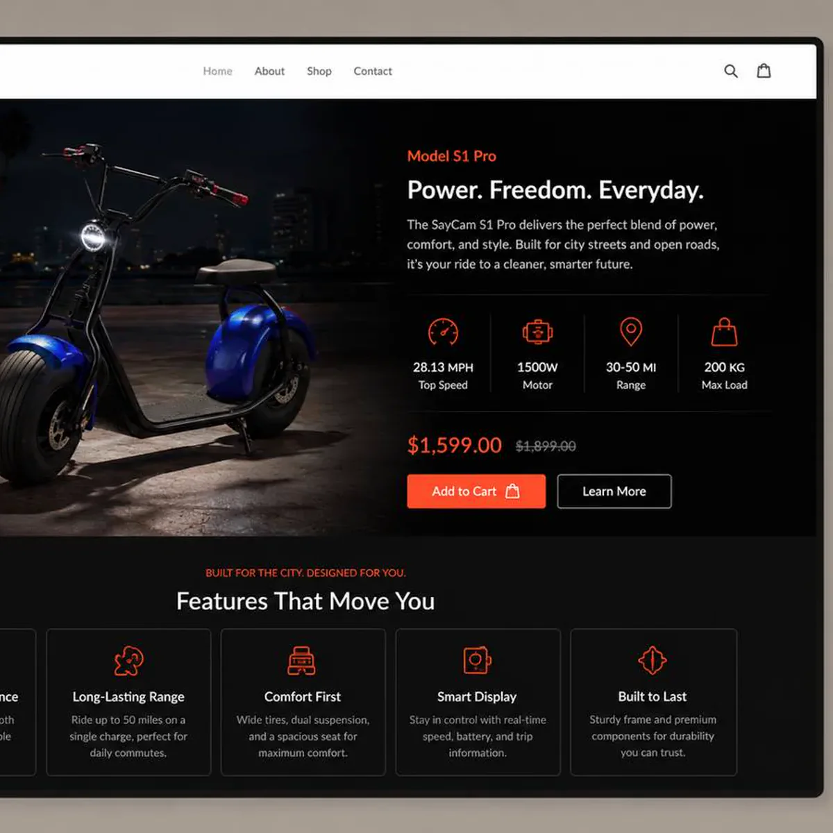 Screen mockup of an online store for electric scooters. On the left, a blue and black electric scooter is photographed at night on a waterfront. On the right, a product panel lists specs for top speed, motor power, range, and maximum load, shows a discounted price above the crossed-out original, and offers an orange Add to Cart button with a shopping bag icon beside a Learn More button. A cart icon sits at the right end of the white navigation bar, and a row of feature cards runs across the dark section below.