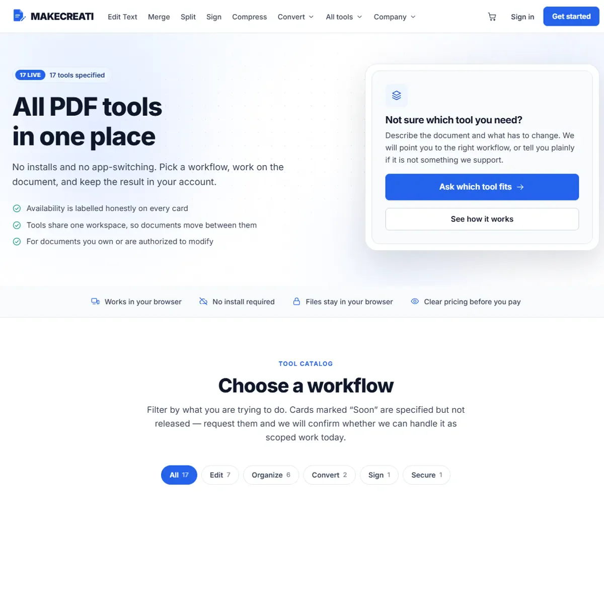 Top of a document-tools web app viewed on desktop: a sticky navigation bar with a wordmark, text links, a cart icon and a filled call-to-action button; a hero with a status pill, a two-line headline, a short paragraph and a three-item checkmark list; a floating helper card with an icon tile, heading, body copy, a primary blue button and an outline button; a four-item icon feature strip on a tinted band; and a centered section heading above a row of filter chips with count badges, the first one active.
