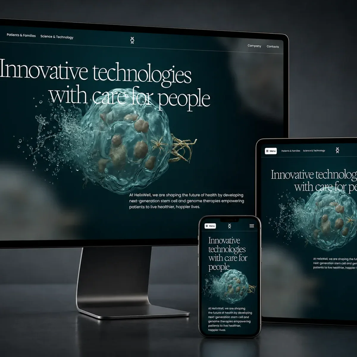 The same website home page displayed at once on a desktop monitor, a tablet and a phone arranged on a dark studio surface. Each screen shows an identical deep teal page with a large serif headline and a glowing translucent cell illustration, the layout reflowing to fit each screen size.