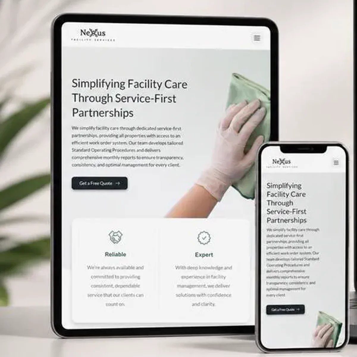 A tablet and a phone stand side by side on a pale desk, each showing the same facility-care homepage laid out for its own screen size: a three-line headline, an intro paragraph, a dark quote button, and feature cards below a photo of a gloved hand wiping a surface.