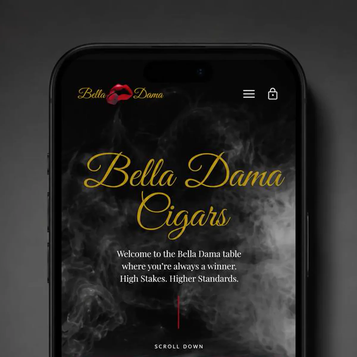 Bella Dama Cigars home screen on a phone, gold script wordmark and headline over dark drifting smoke.