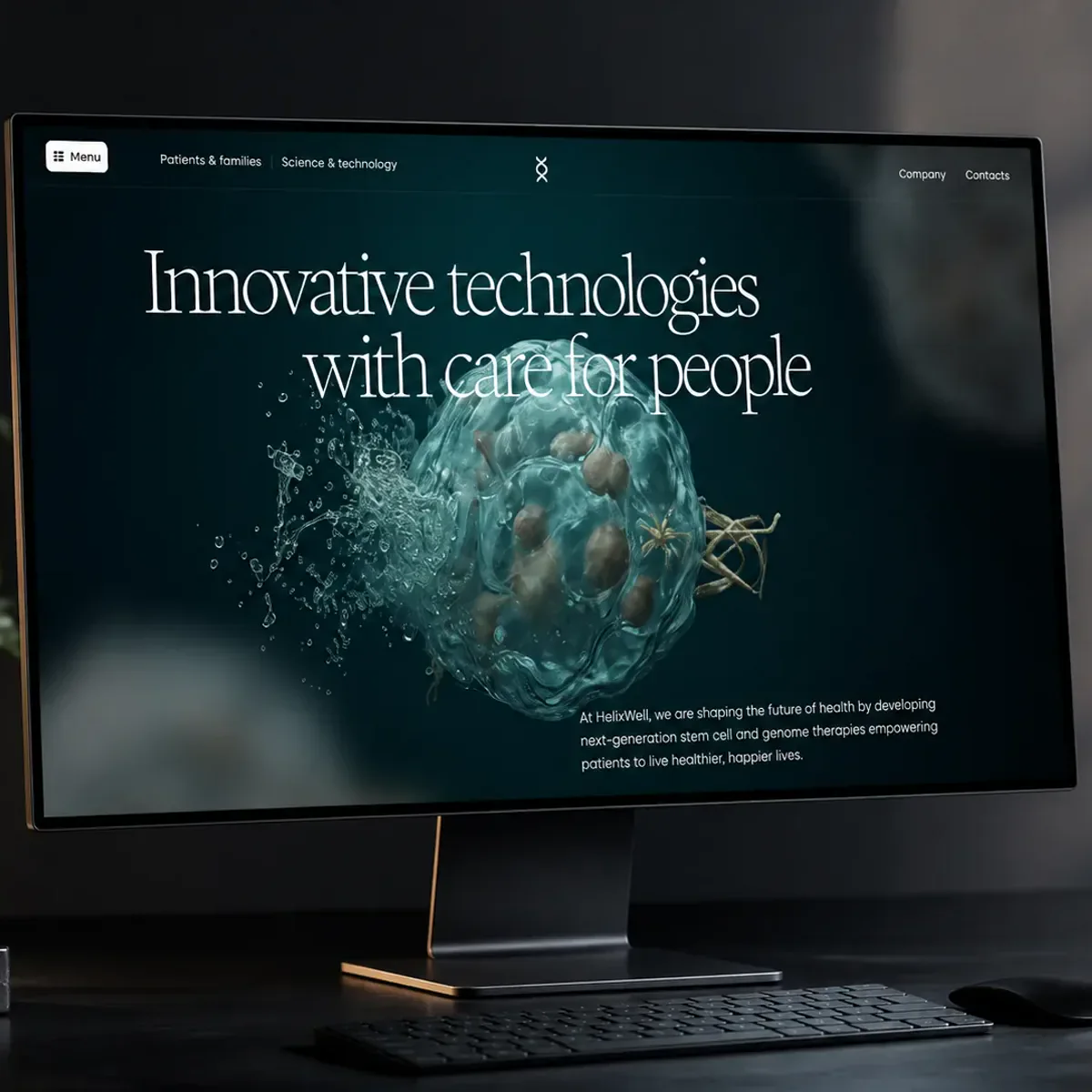 A widescreen desktop monitor on a dark studio desk displays a health science homepage: a large serif headline reading 