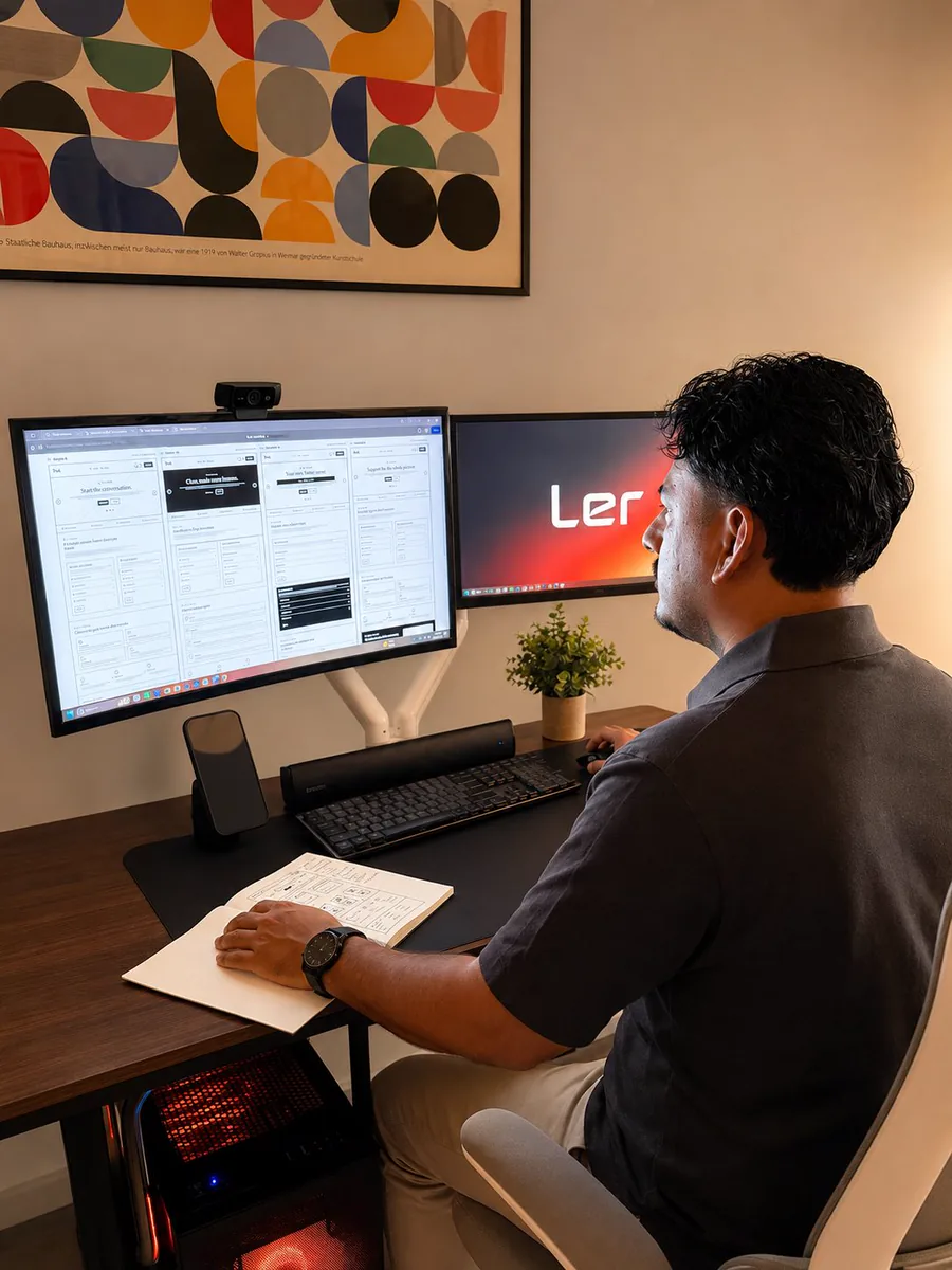 Wireframes and brand work open across two screens