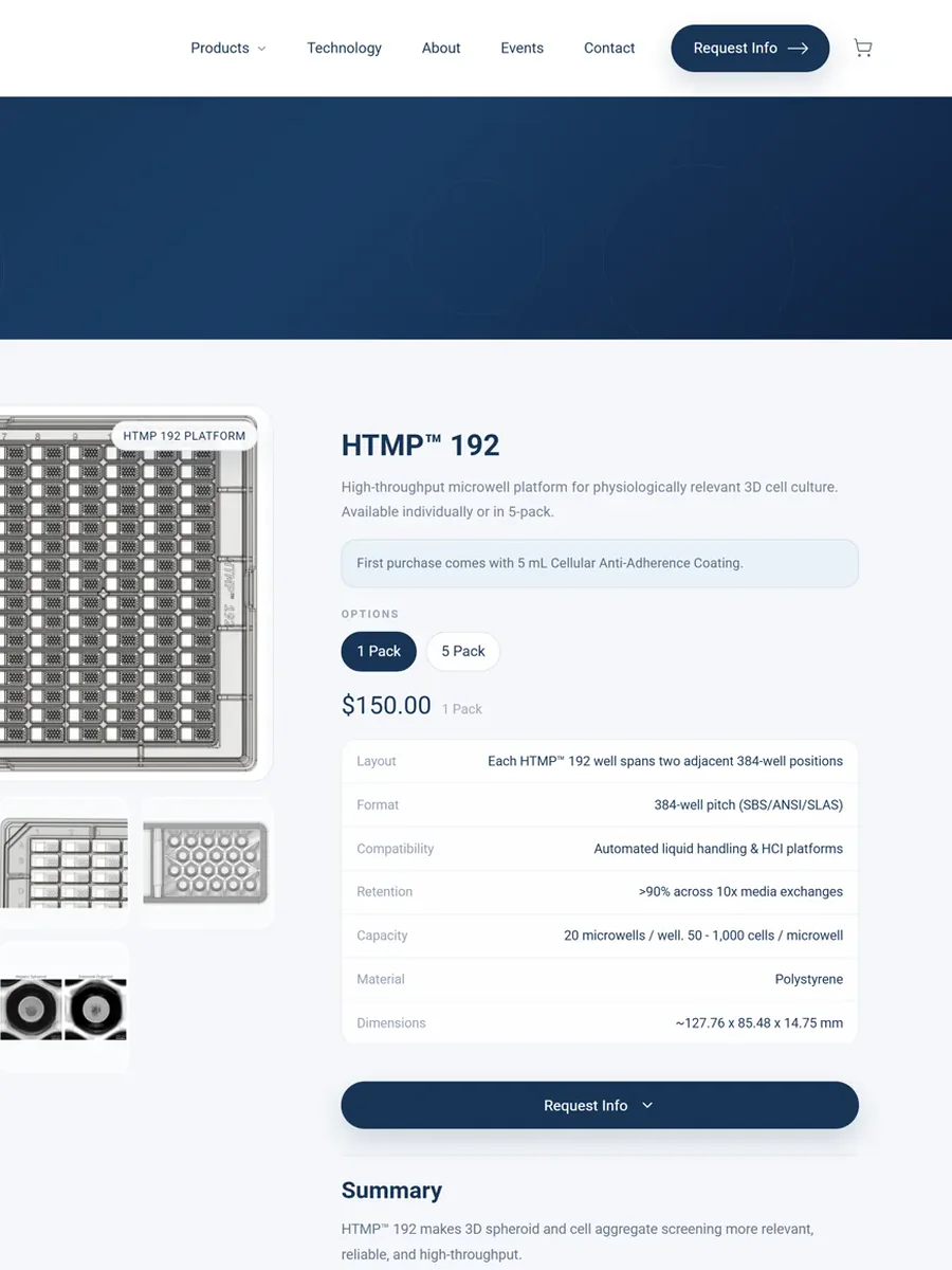 A product page on a desktop screen. A large technical render of a laboratory microwell plate sits beside an ordering panel with pack-size options, a price, and a specification table listing format, compatibility, retention, capacity, material and dimensions.