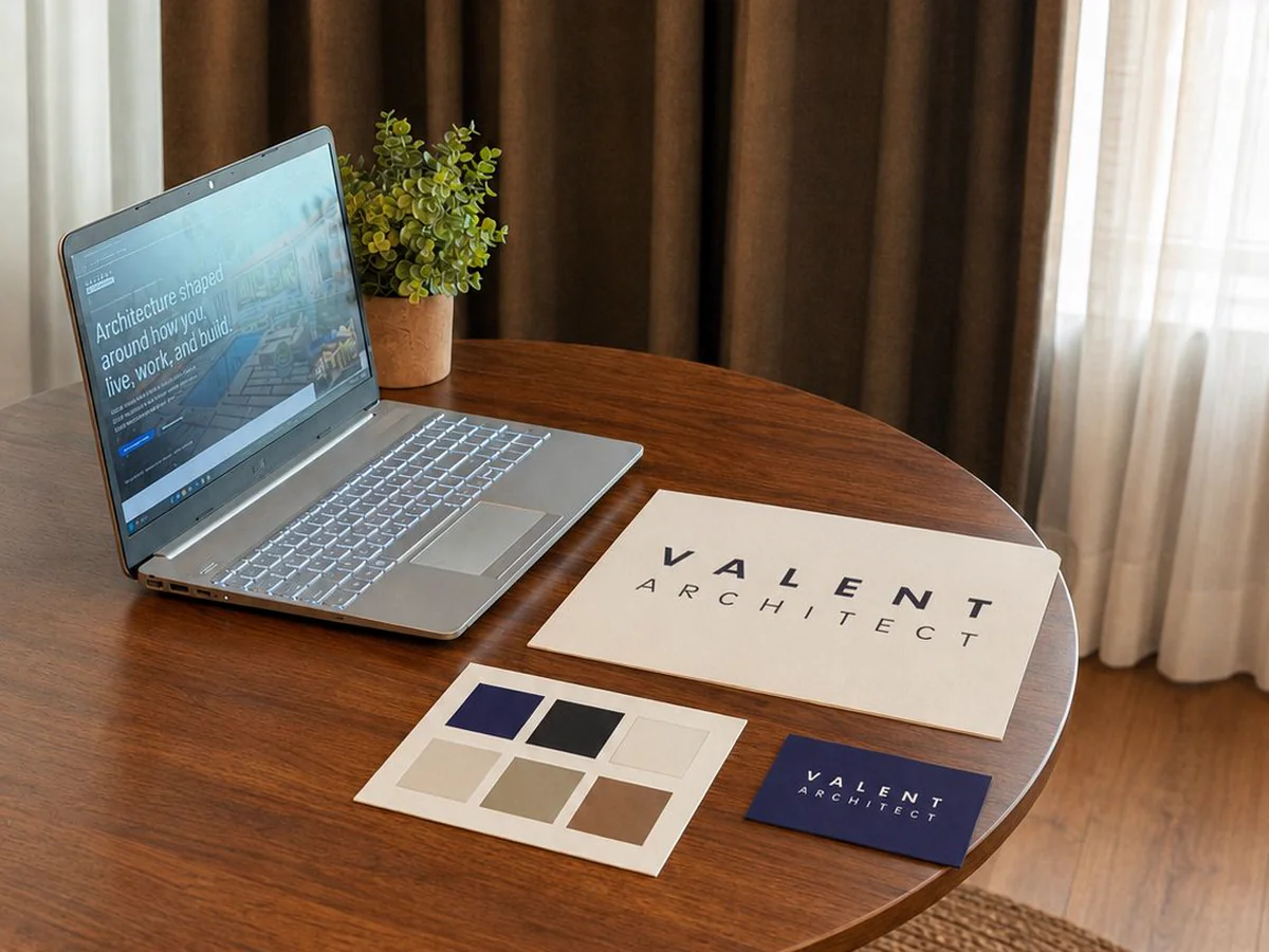 A printed logo sheet, colour swatches and a business card laid out on a desk