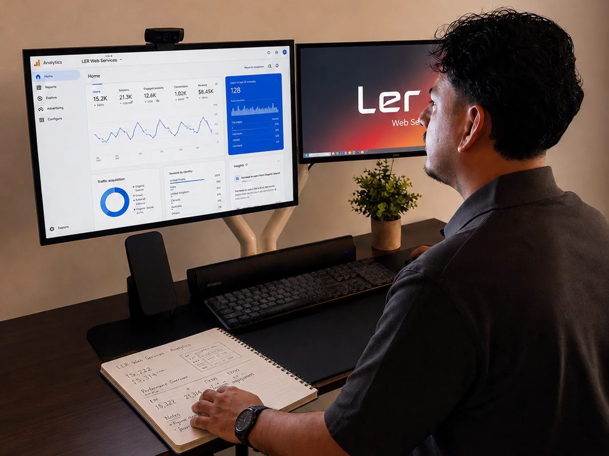 An analytics dashboard on screen with figures noted in a notebook