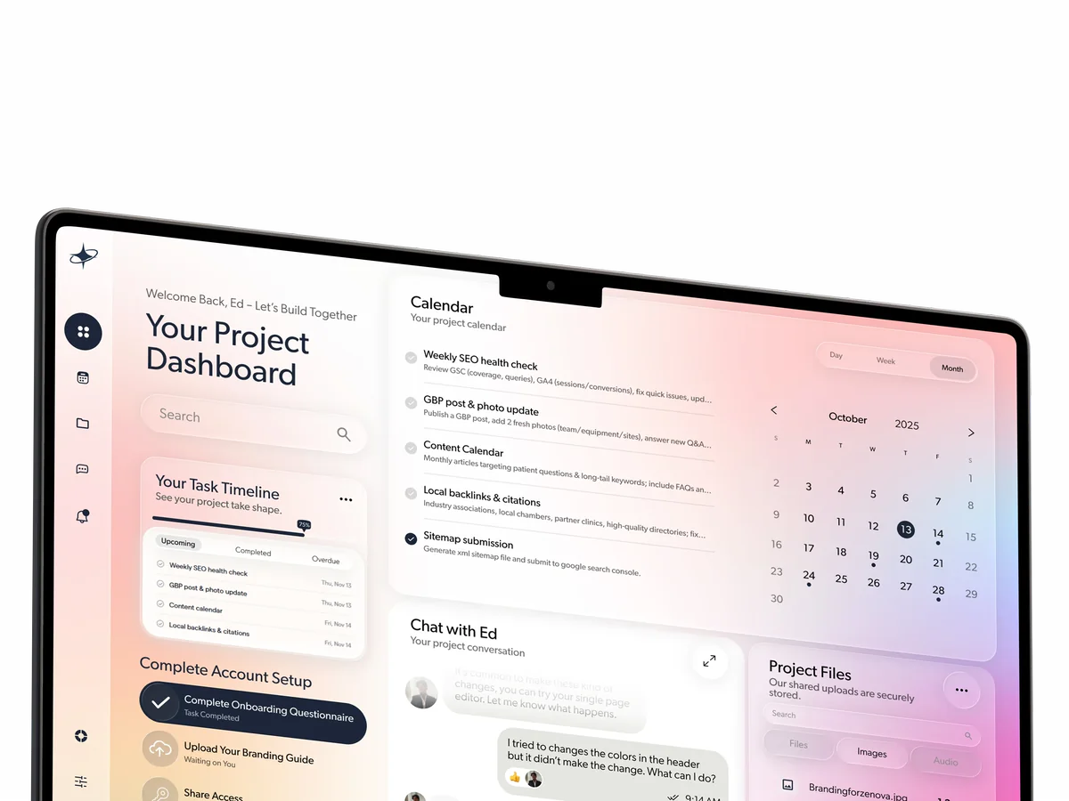 A tablet on a dark background showing a project dashboard: a welcome line, a search field, and a task timeline card with a progress bar at 75 percent listing recurring upkeep jobs and their due dates.