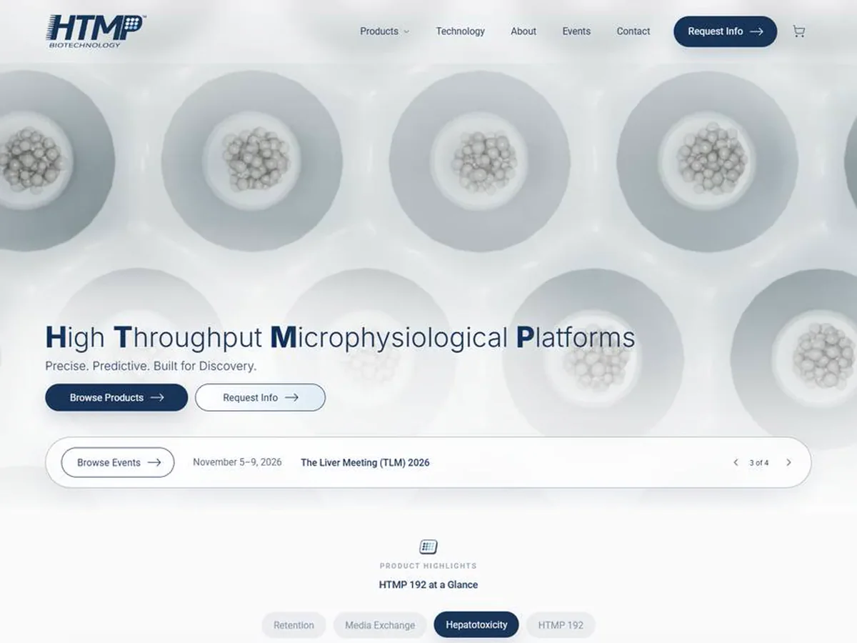 A full website page design shown top to bottom: a large headline and two buttons over a pale laboratory microplate image, a rounded events bar, a row of pill-shaped tabs with one selected, and a white panel holding three small line charts above a dark navy footer.