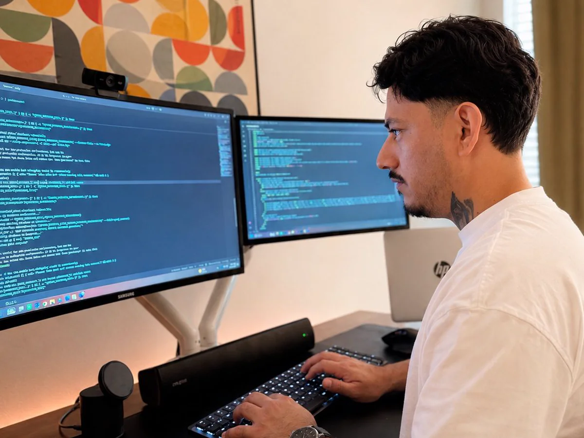 Code open across two monitors
