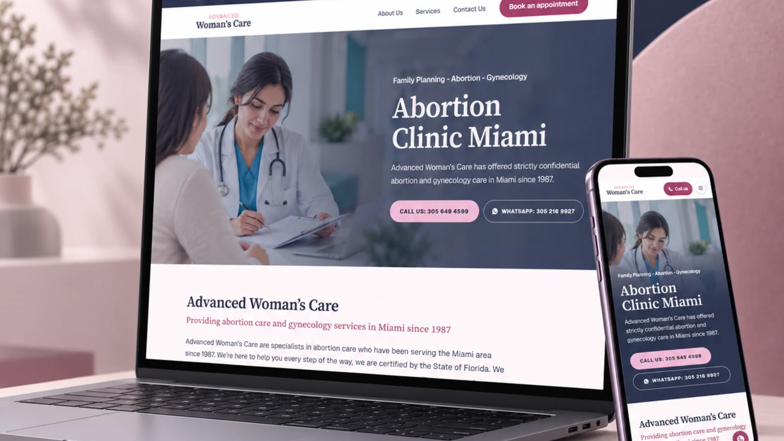 Advanced Woman’s Care website shown on a laptop and a phone