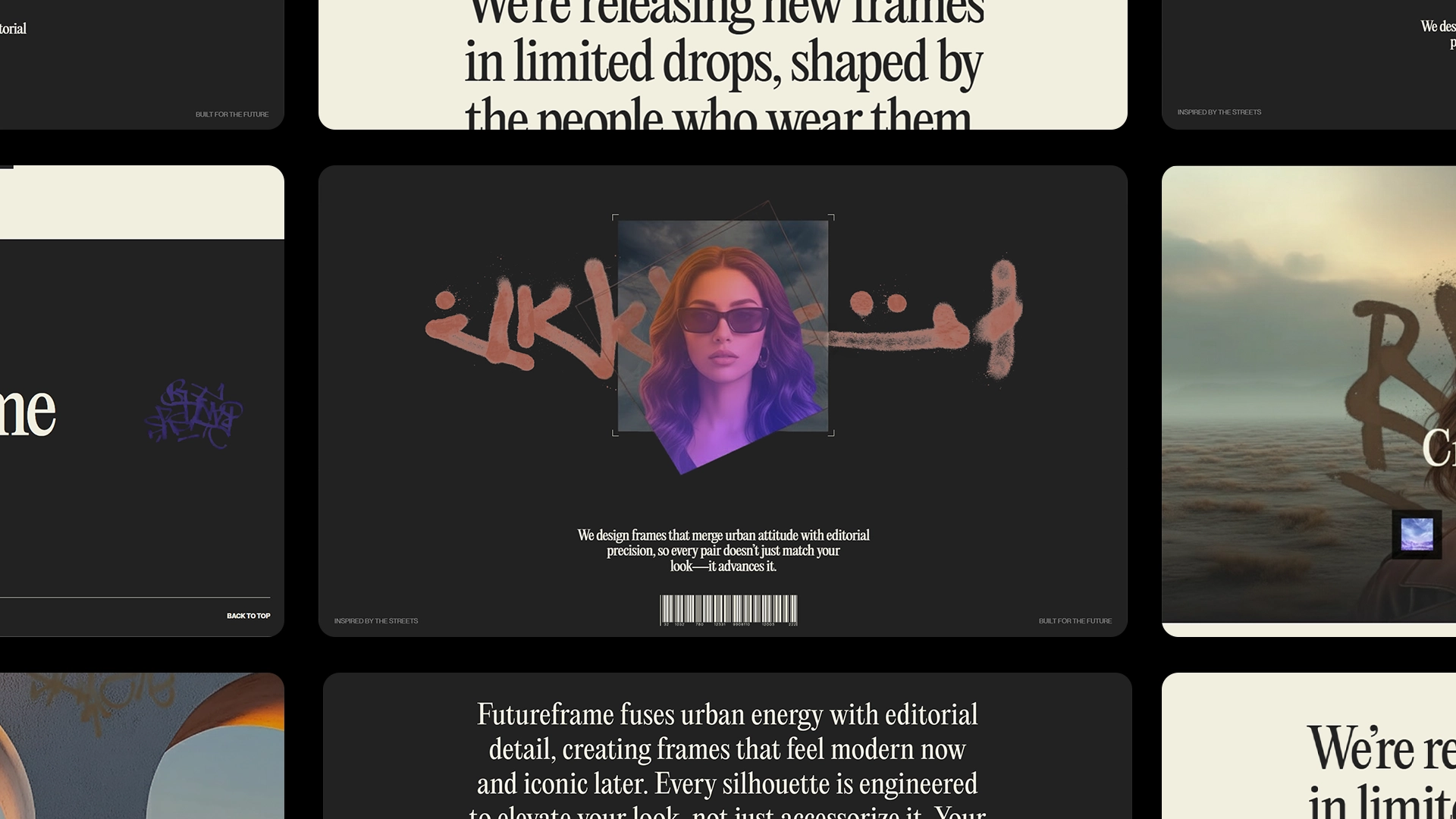 Grid view of FutureFrame homepage featuring brand messaging and hero image