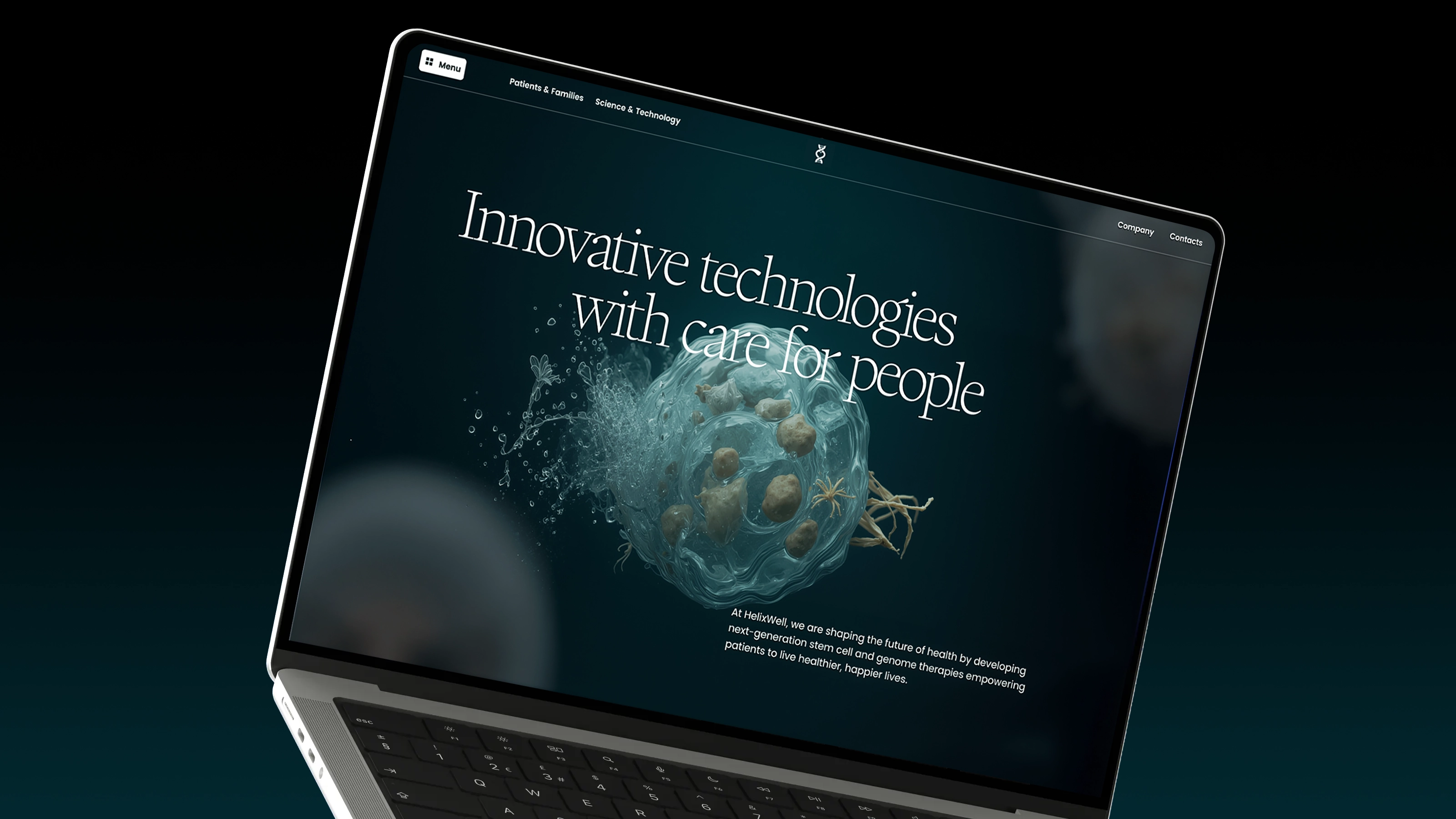 Laptop displaying Helixwell homepage on a dark textured surface