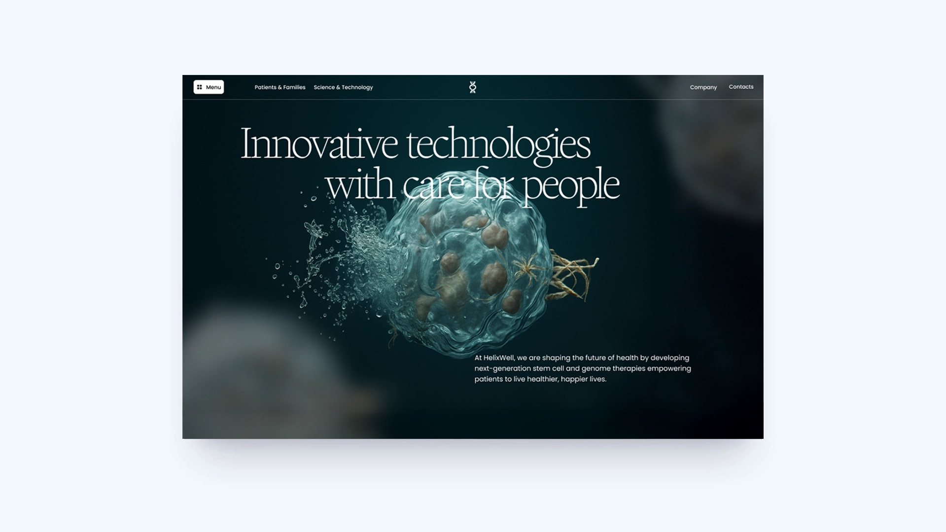 Desktop view of Helixwell homepage featuring brand messaging and hero image