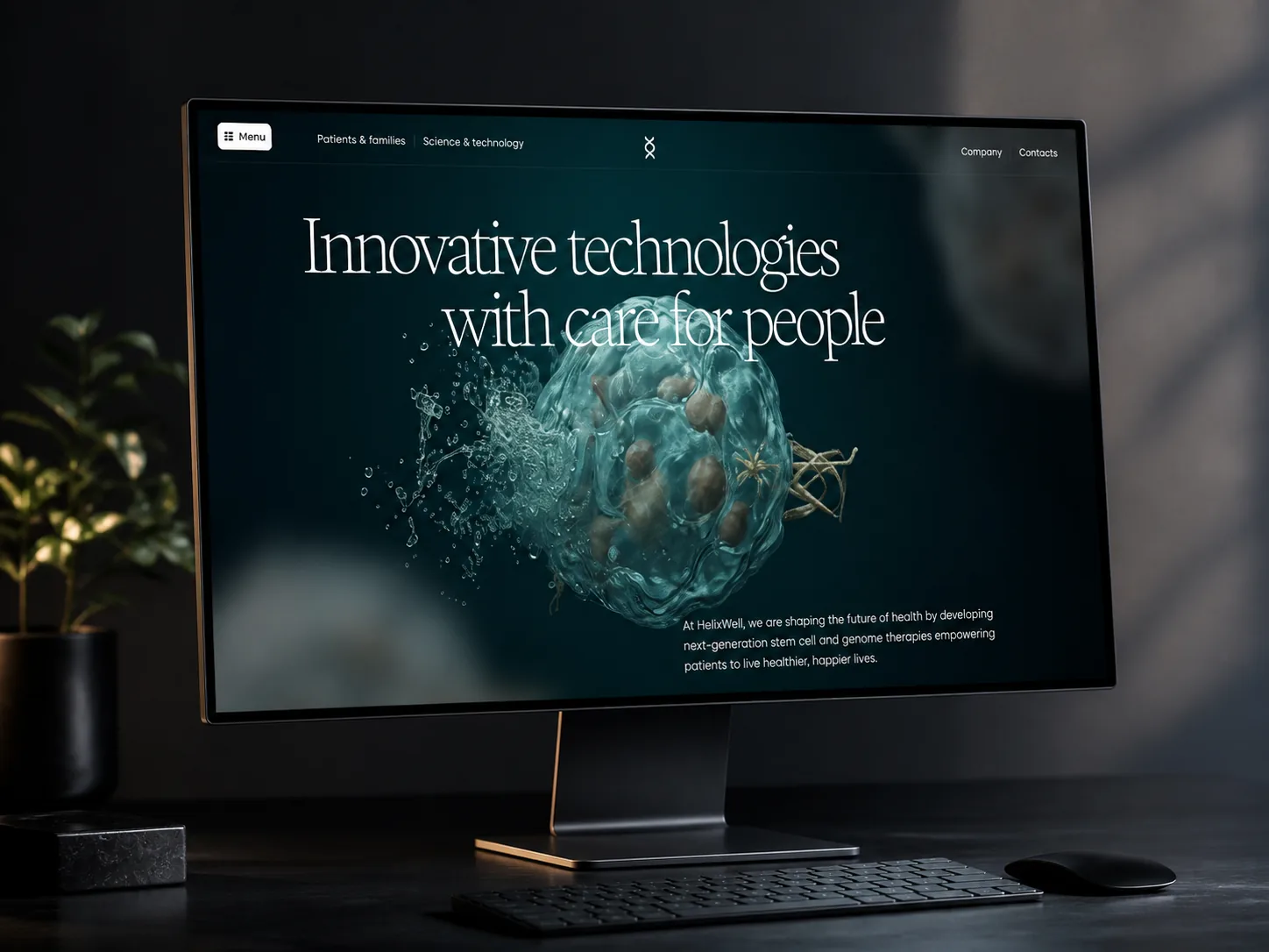 Desktop monitor showing the HelixWell homepage hero with 3D cell imagery