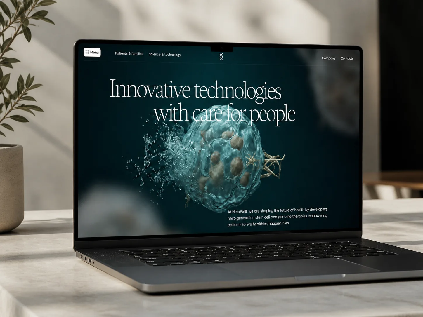 Laptop displaying the HelixWell homepage with the main cell therapy message