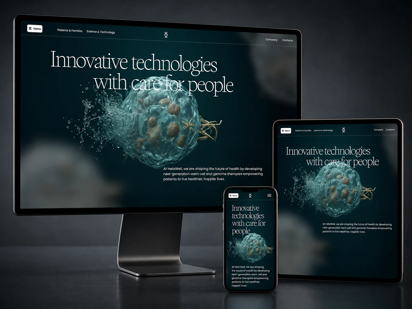 HelixWell responsive homepage shown across desktop, tablet, and mobile devices