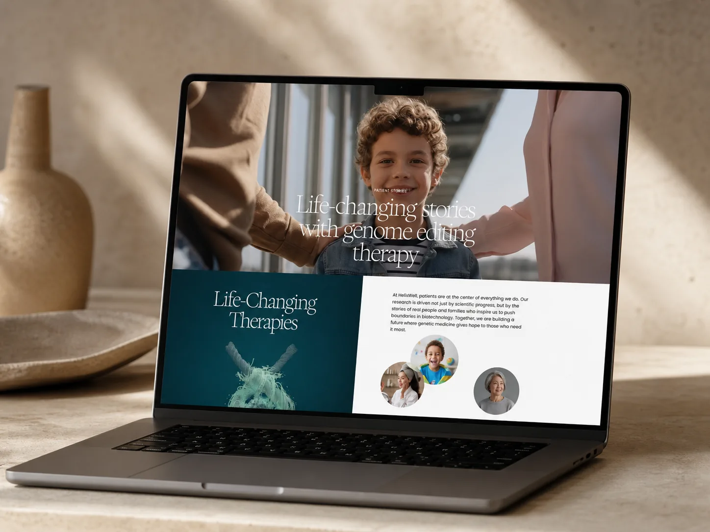 Laptop showing a HelixWell life-changing therapies page section