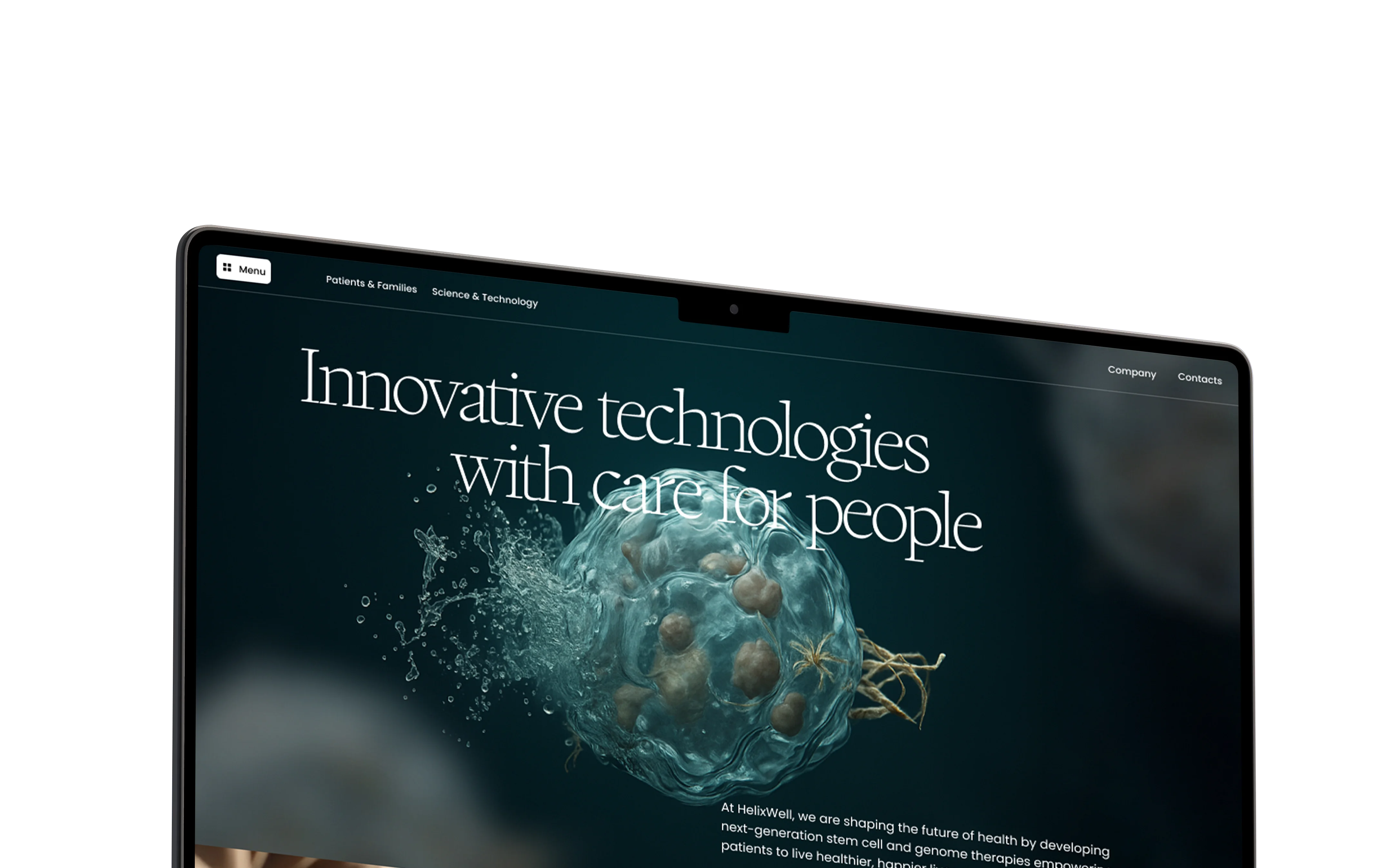 Angled laptop showing the HelixWell website concept with cell therapy imagery