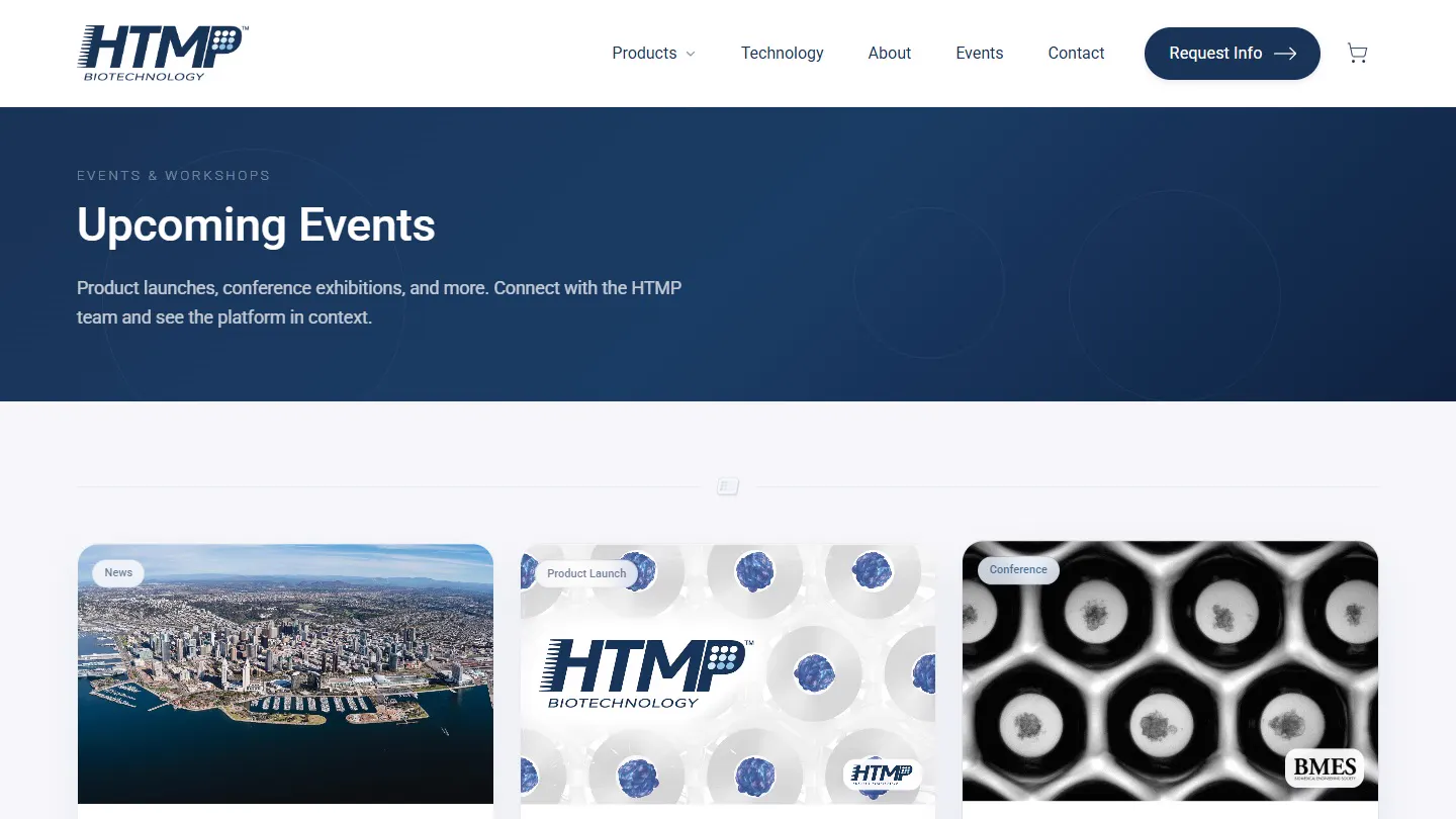 Página de eventos y sus tarjetas, grabado de htmpbio.com