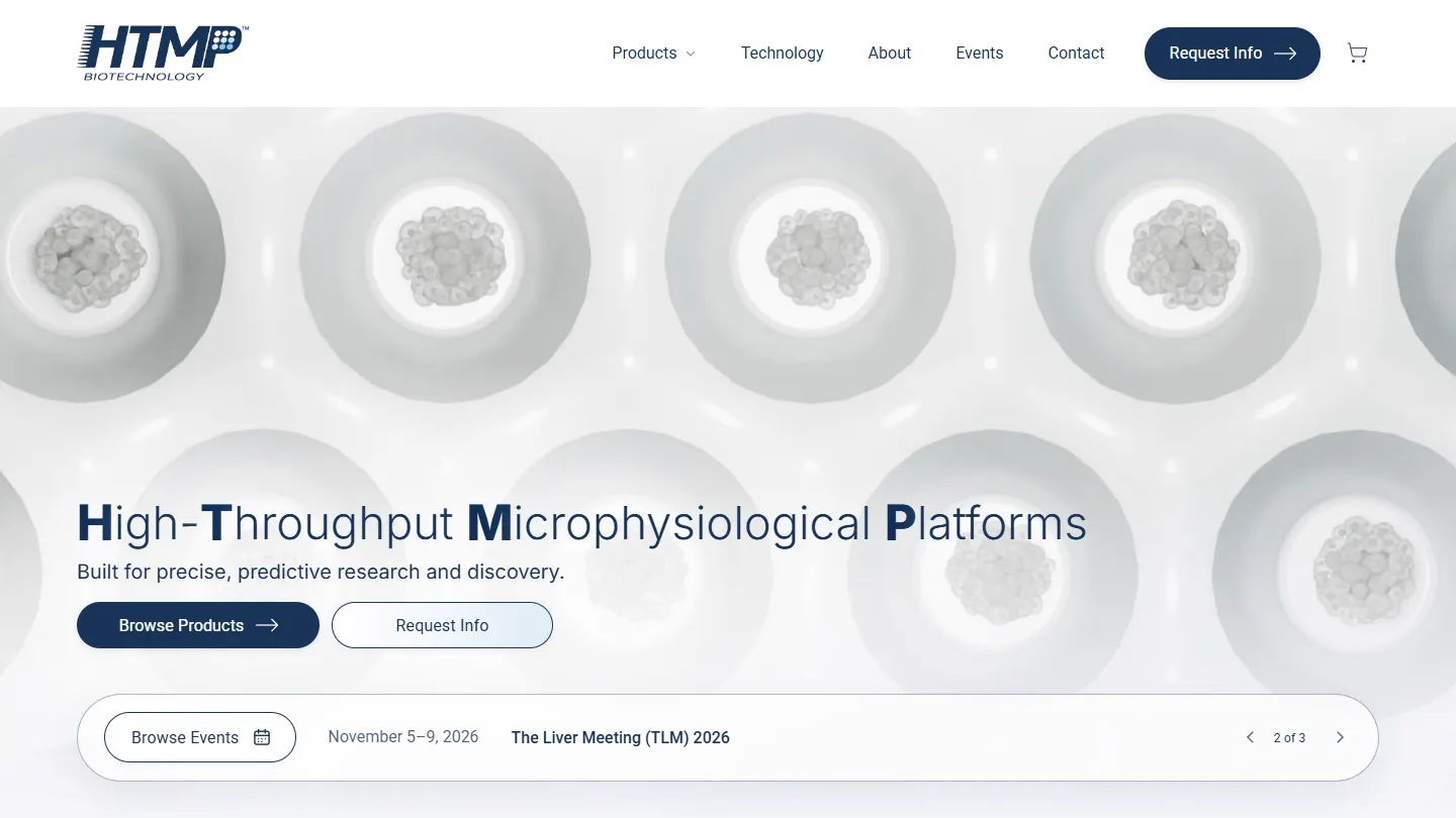 El menú Productos y la transición de página hacia HTMP 192, grabado de htmpbio.com