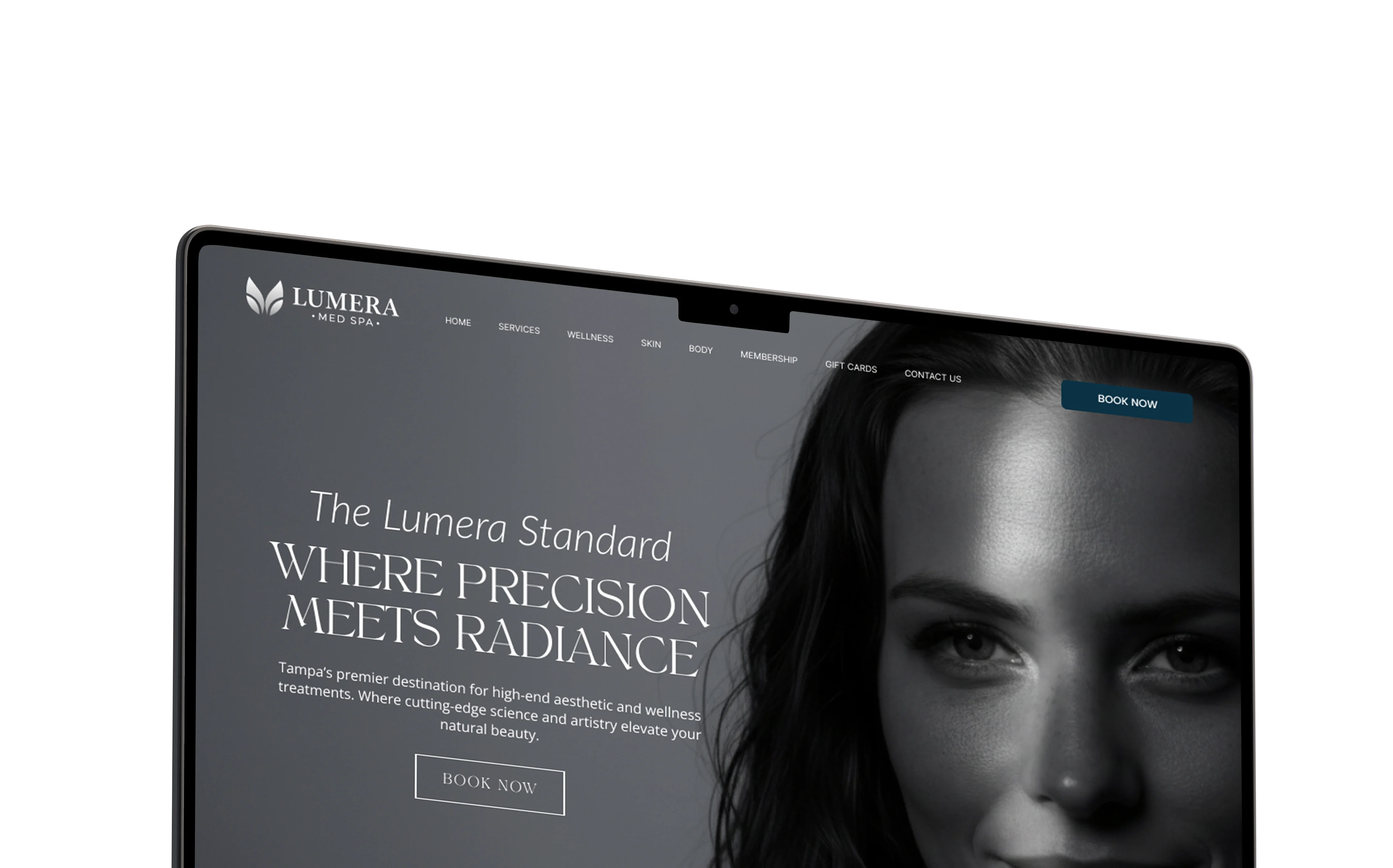 Angled laptop showing the Lumera Med Spa website concept with a luxury wellness homepage