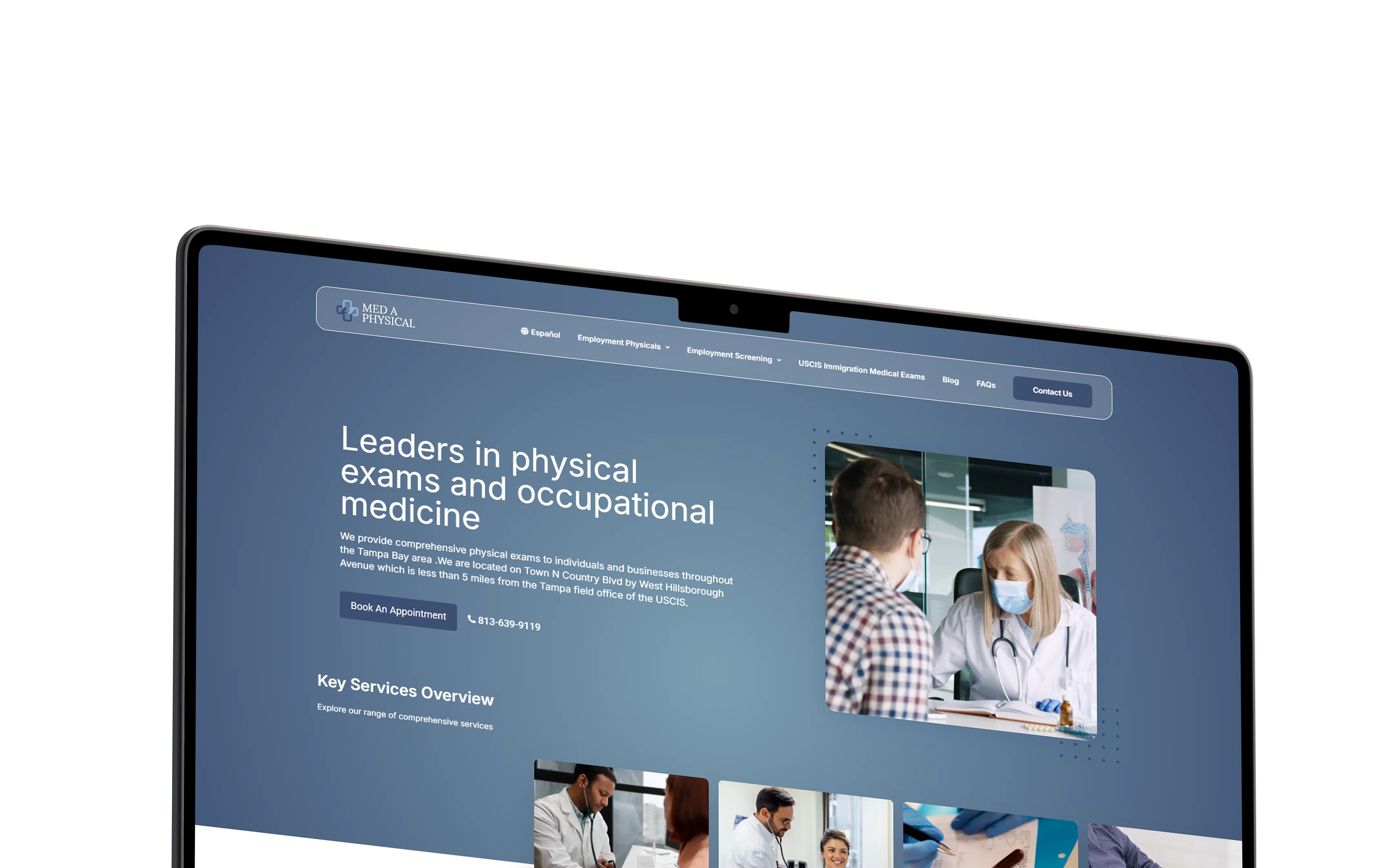 Angled laptop showing the MedA Physical occupational health website with clinical service content