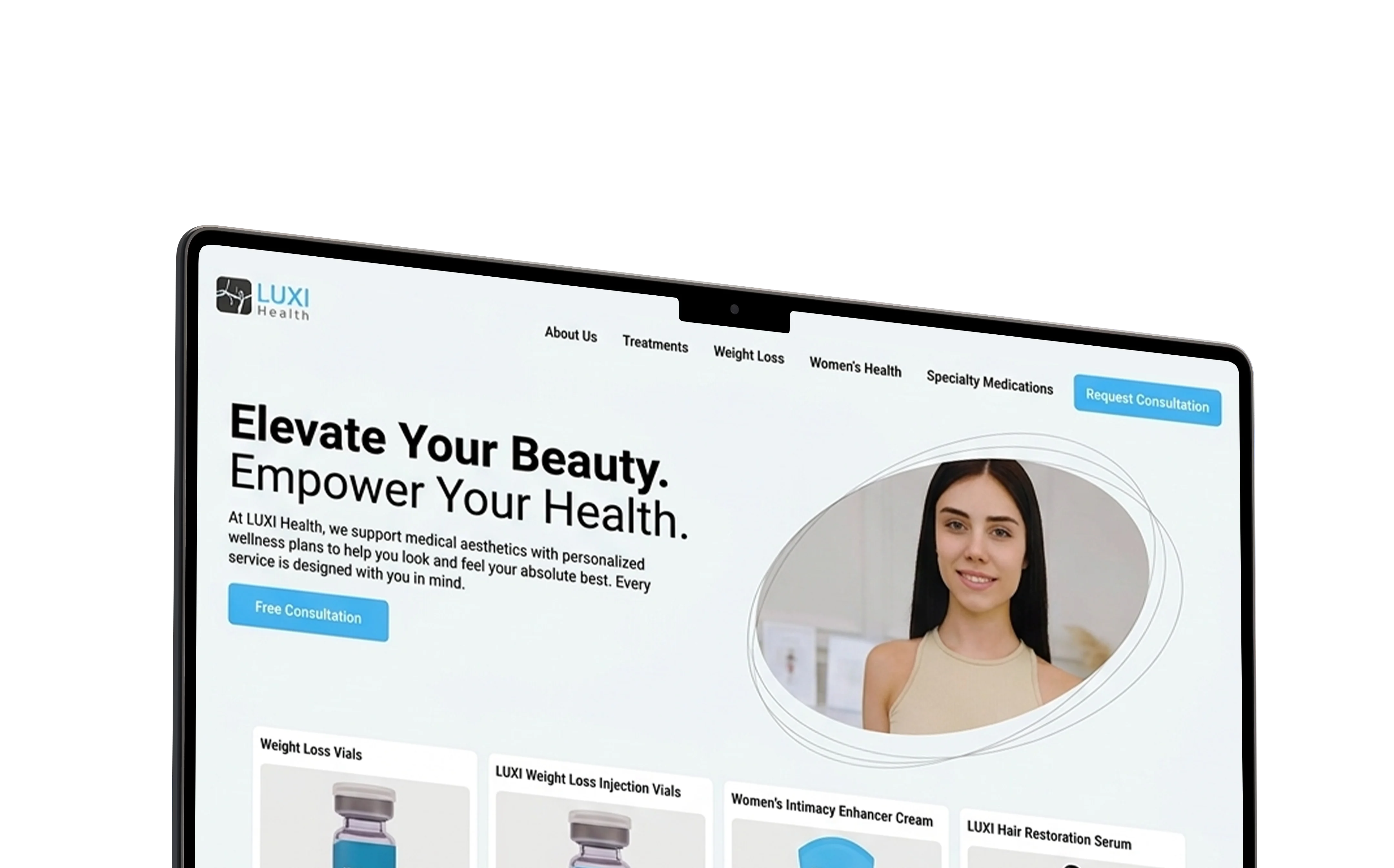 Angled laptop showing the My Luxi Health medical aesthetics website with beauty and wellness content