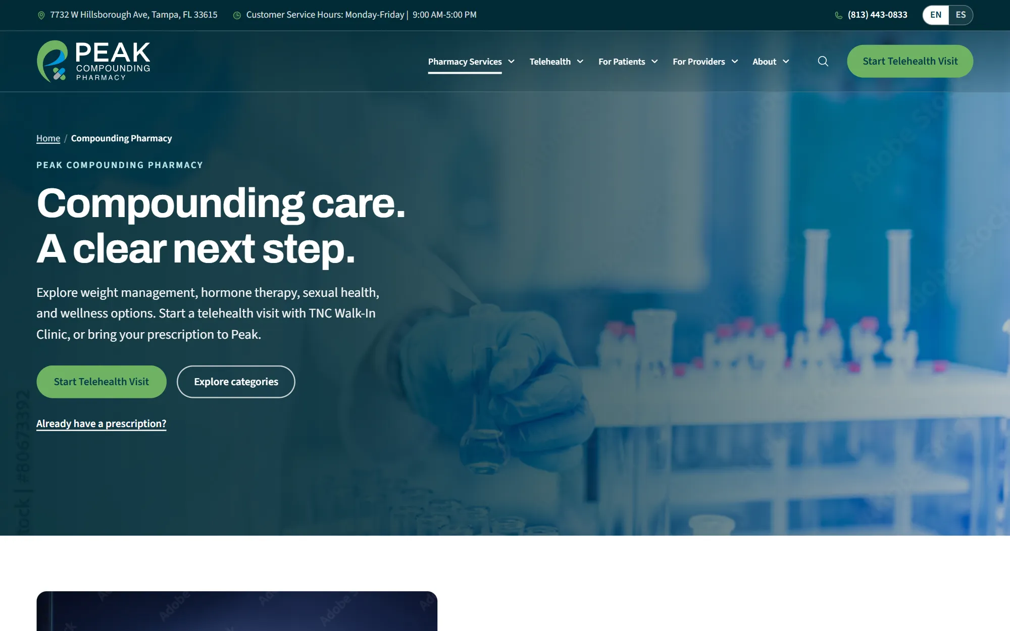 The compounding pharmacy page, listing categories from hormone therapy to weight management