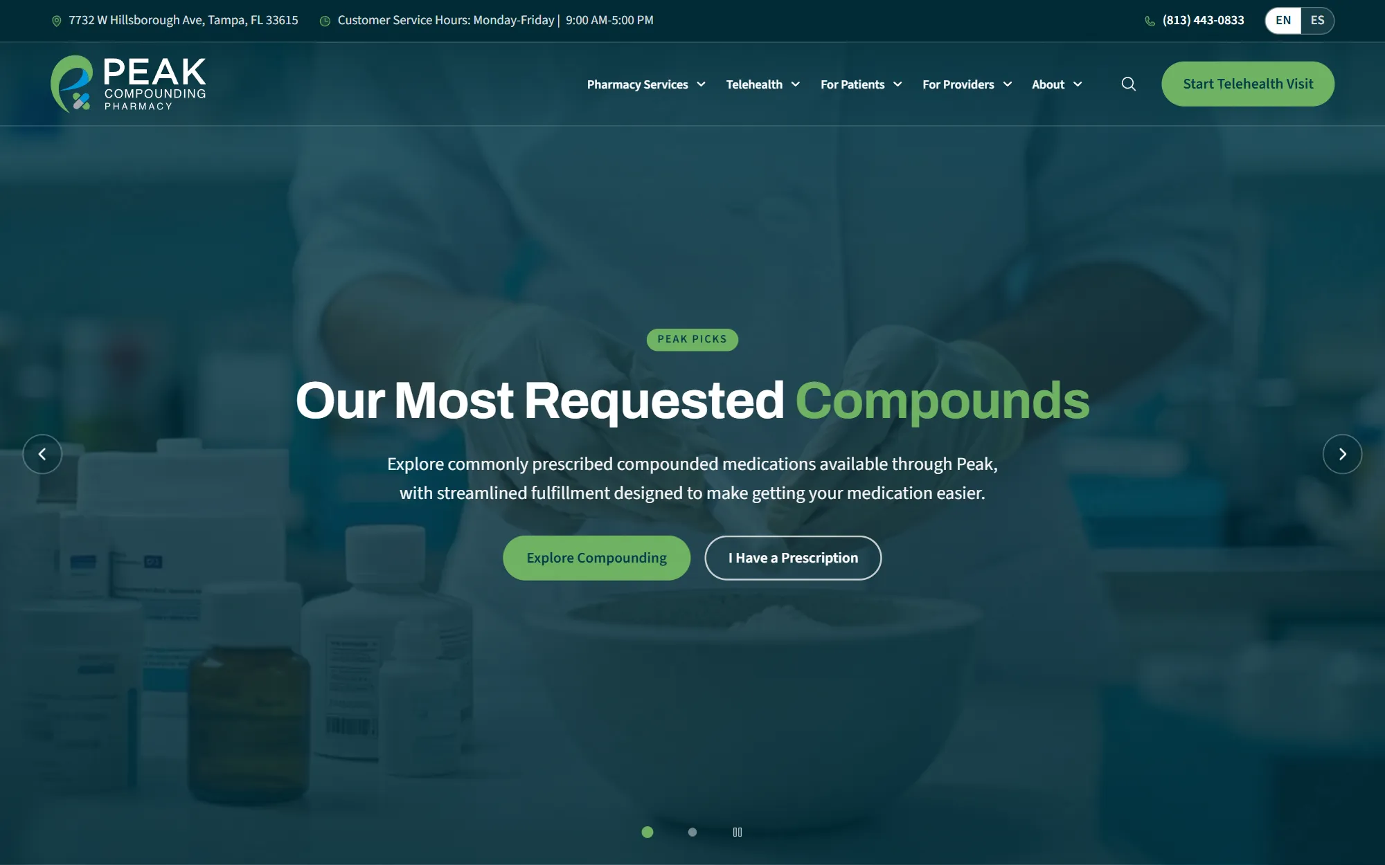The Peak Compounding Pharmacy homepage, headlined Our Most Requested Compounds over a photograph of a pharmacist working at a mortar and pestle