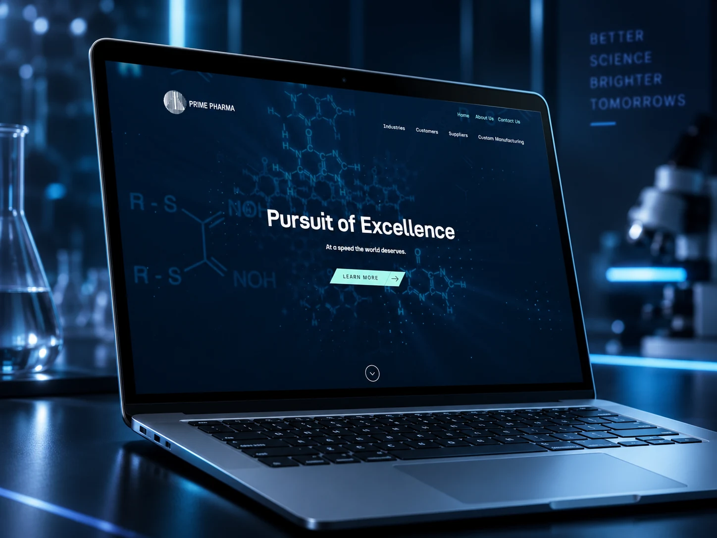 A laptop on a laboratory bench in blue light showing the Prime Pharma homepage