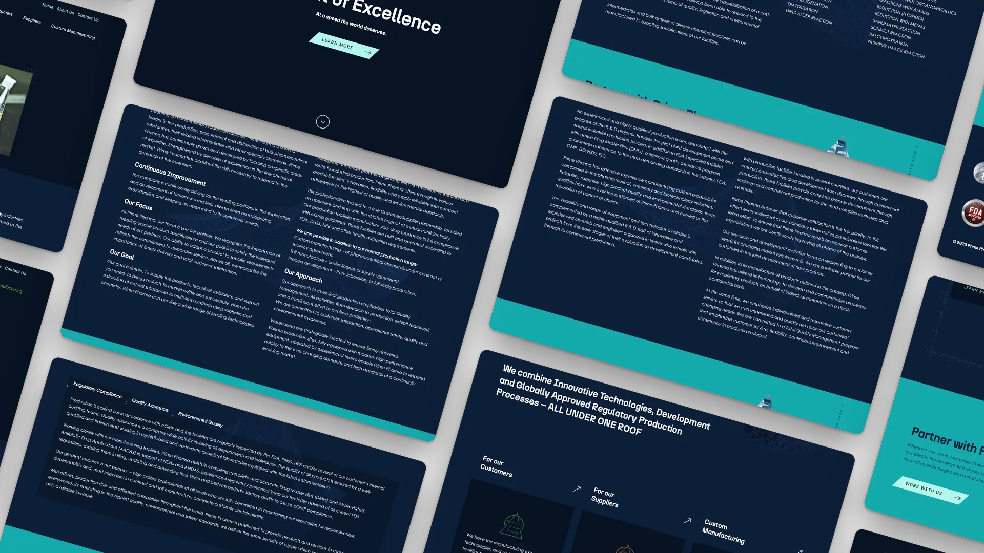 Sections of the Prime Pharma website laid out at an angle