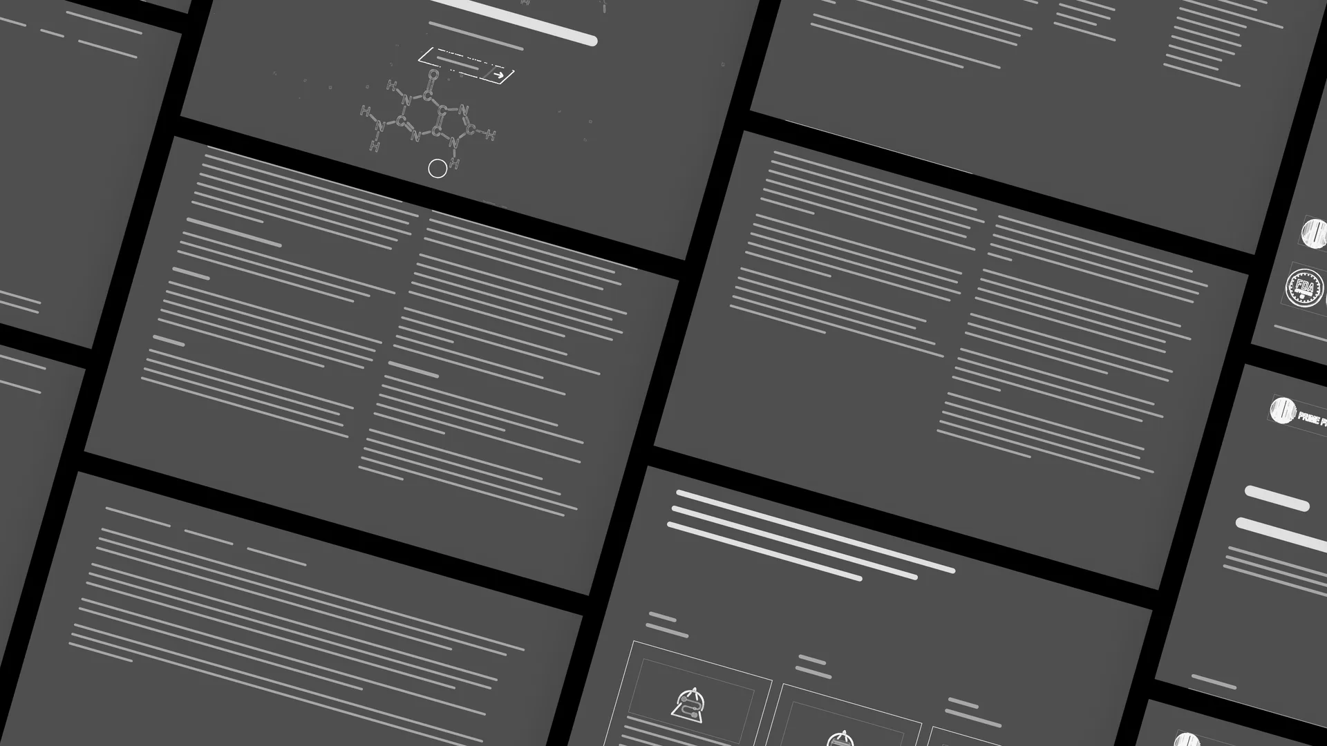 Prime Pharma pages drawn as wireframes, laid out at an angle: outlined cards, buttons and fields, grey bars for text, and line drawings of the photos