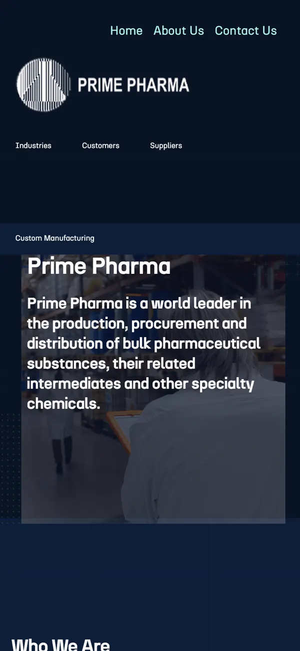 The About Us page on a phone, recorded from prime-pharma.com on a phone