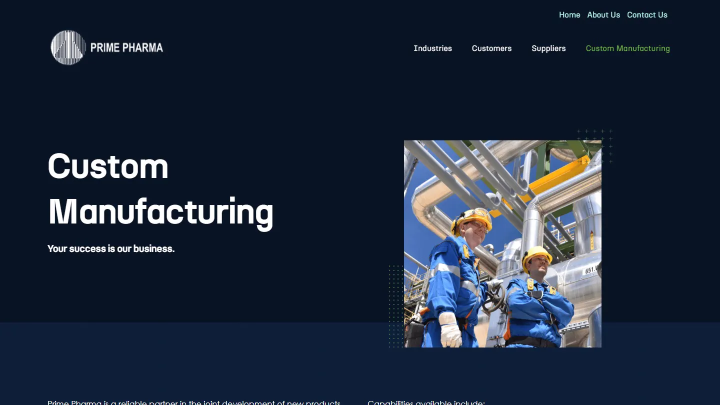 The Manufacturing page scrolling, recorded from prime-pharma.com